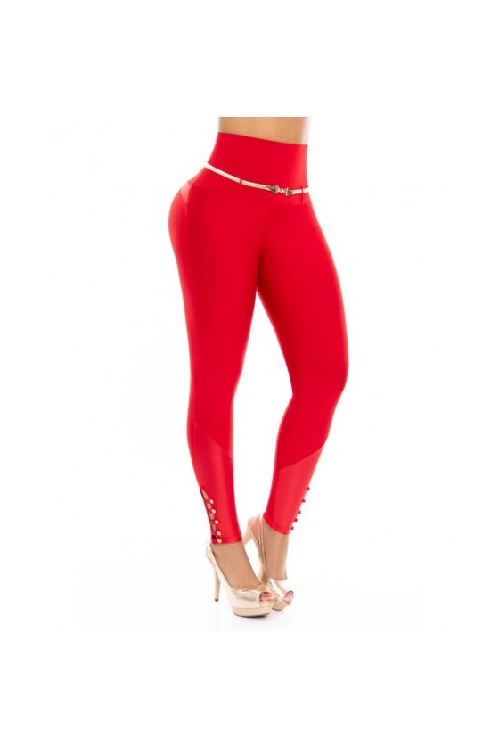 Legging gainant très stylé rouge, avec ceinture dorée